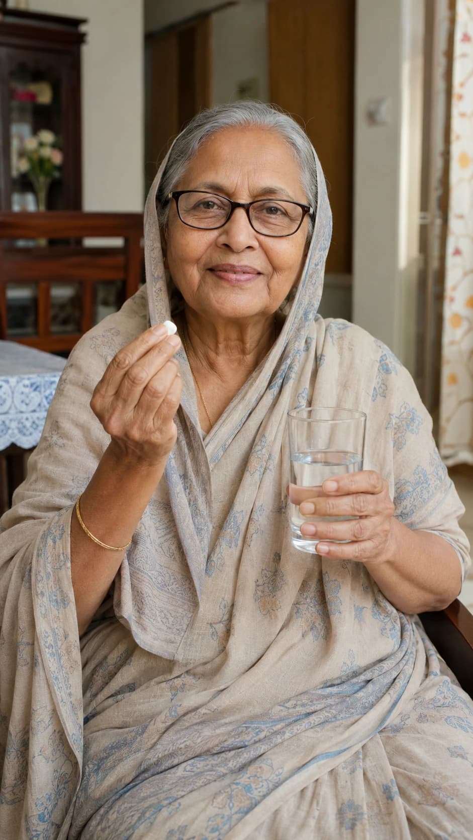 একজন বয়স্ক মা হাতে ওষুধ ও এক গ্লাস পানি নিয়ে বসে আছেন — PillCaller এর কল পেয়ে সময়মতো ওষুধ খাচ্ছেন